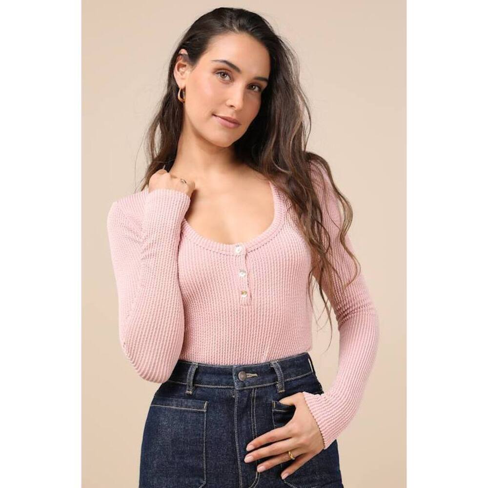 Lulus Pursuing Sweetness Peach Pink Textured Ribbed Henley Bodysuit - Size S